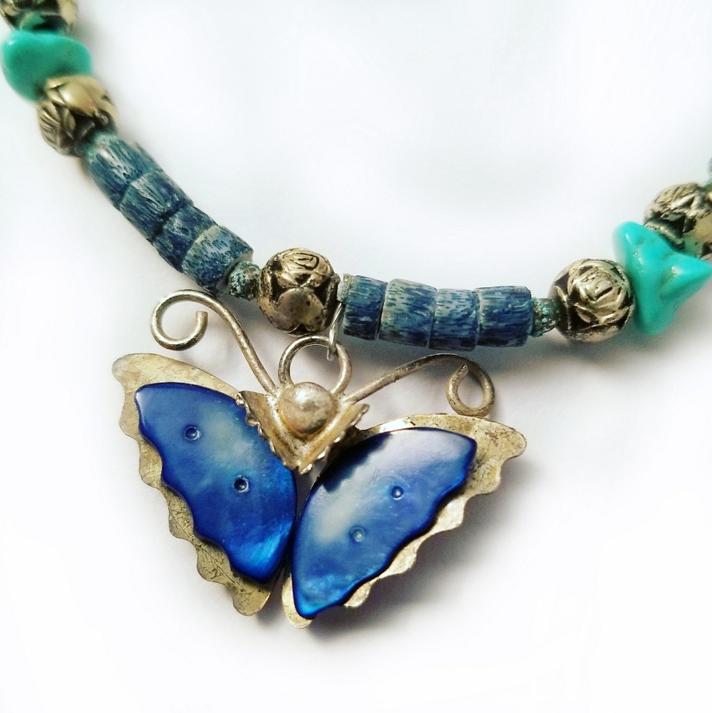 Vintage butterfly necklace blue turquoise silver